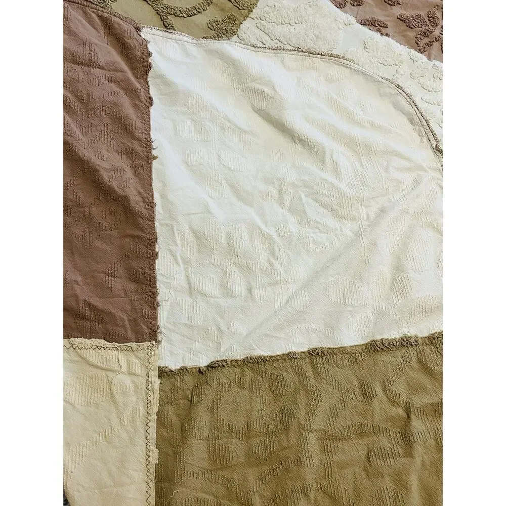 Vintage Mauve Tan Chenille Bedspread King Cream Block coverlet Cottage Grannycor